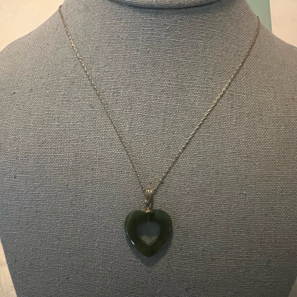Very Rare Antique Natural Green Jade Heart 12K Gold Necklace